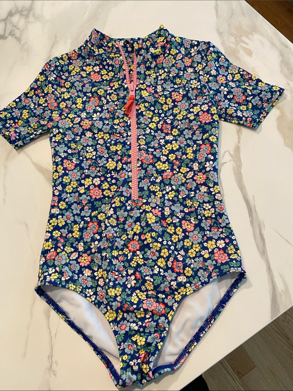Boden Navy Floral Short-Sleeve One-Piece Swimsuit with Pink Zip